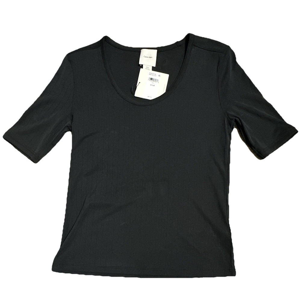 Calvin Klein Women's Black Solid Knit Scoop Neck Logo T-Shirt S Pullover